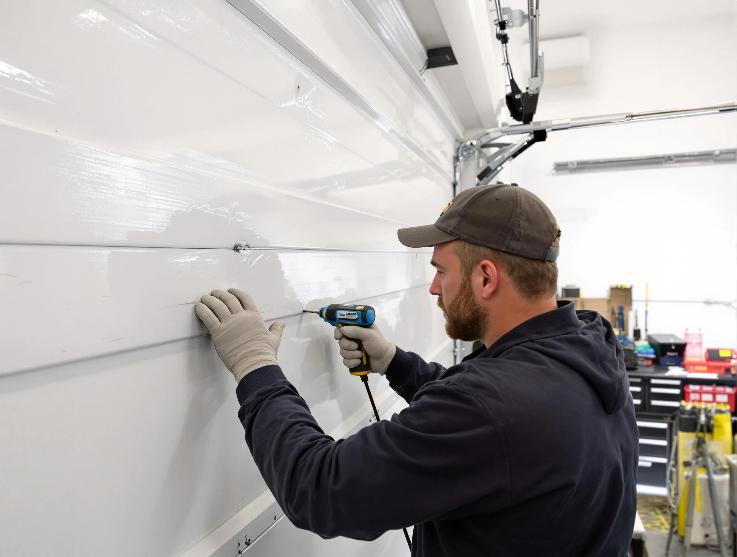 Fort Lupton Garage Door Repair technician demonstrating precision dent removal techniques on a Fort Lupton garage door